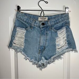 Vibrant High-Waisted Blue Jean Shorts with Distressed Detailing